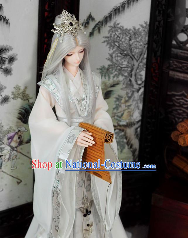 Asian Fashion Chinese White Long Robe and Coronet for Men