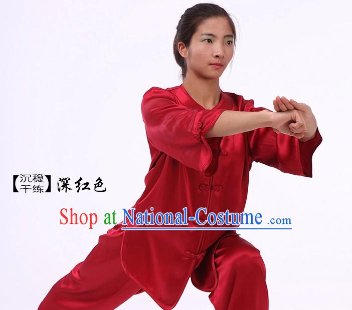 Plain Red Color Top Asian China Tai Chi Short Sleeves Uniform