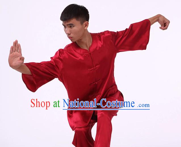 Plain Red Color Top Asian China Tai Chi Short Sleeves Uniform for Men