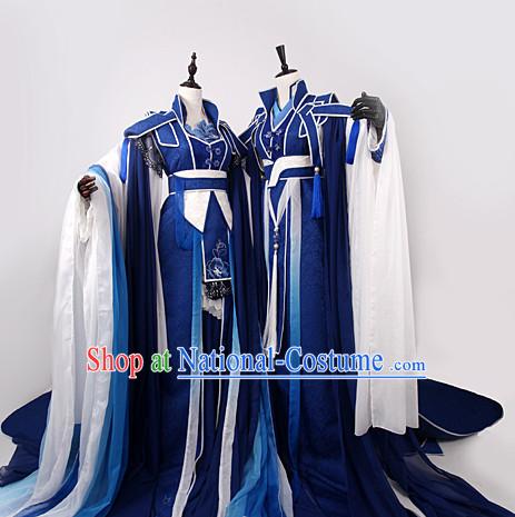 Chinese Royal Blue Sworsdsmen and Swordswomen Halloween Costumes 2 Complete Sets