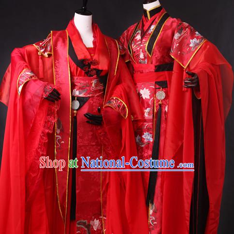 Chinese Red Wedding Hanfu Dresses 2 Sets for Men and Women