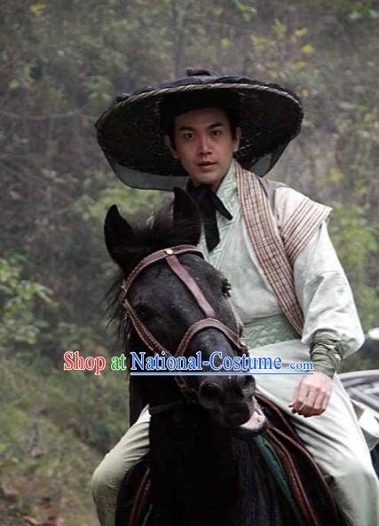 Chinese Swordman Costumes and Bamboo Hat Complete Set for Men