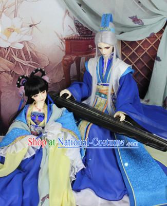 Chinese Blue Lover Costumes and Hair Jewelry Complete Set for Men and Women