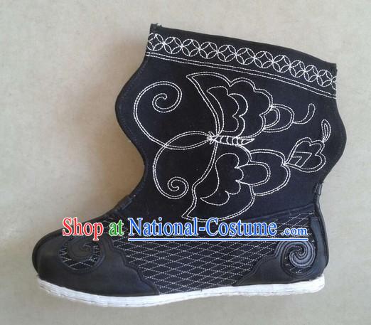 Handmade Chinese Traditional Ancient Warrior Wrestler Men Black Leather Boots Footwear