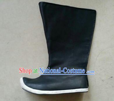 Handmade Chinese Traditional Hanfu High Toe Black Fabric Boots Footwear