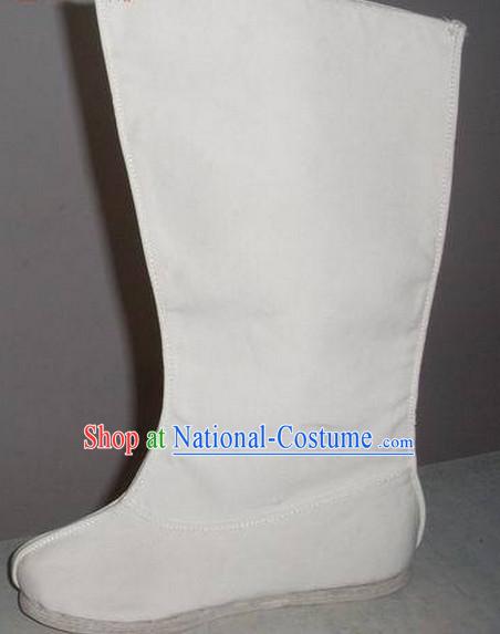 Handmade Chinese Traditional White Hanfu Fabric Boots Footwear