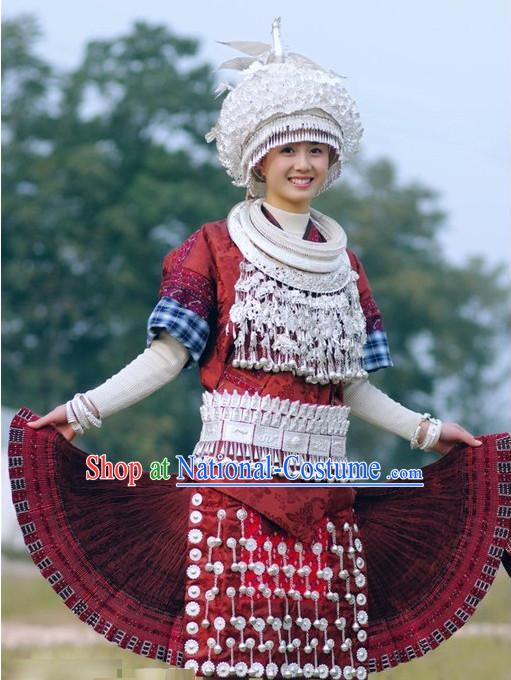 Oriental Chinese Traditional Miao Dress Ethnic Clothing and Silver Hat Necklace Complete Set