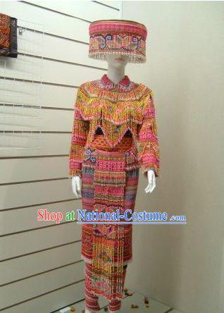 Chinese Traditional Miao Tribe Minority Clothing and Hat Complete Set