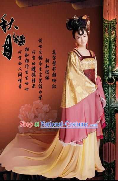 Long Trail Chinese Traditional Tang Dynasty Costumes and Headdresses Complete Set