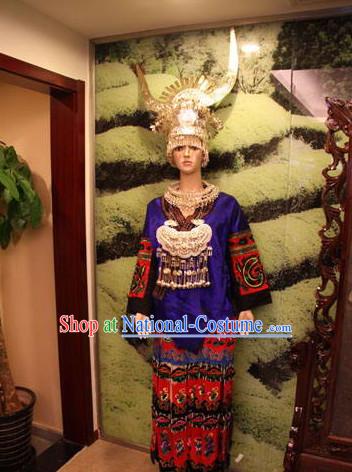 Chinese Traditional Miao Clothing and Silver Hat Complete Set for Women