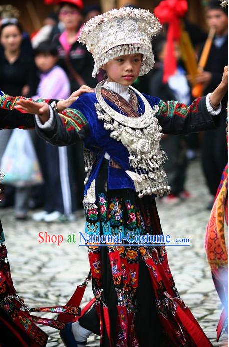 Chinese Traditional Miao Clothing and Silver Hat Complete Set for Kids Girls