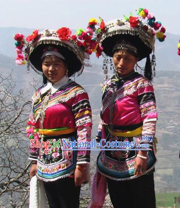 Oriental Clothing Chinese Miao Embroidered Costumes and Silver Hat Complete Set