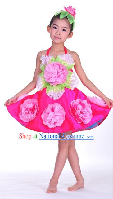 Oriental Clothing Chinese Children s Festival Penoy Dance Costumes and Peony Headdress Complete Set