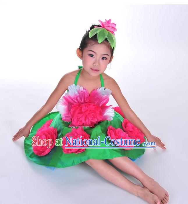 Oriental Clothing Chinese Children s Festival Penoy Dance Costumes and Peony Headdress Complete Set