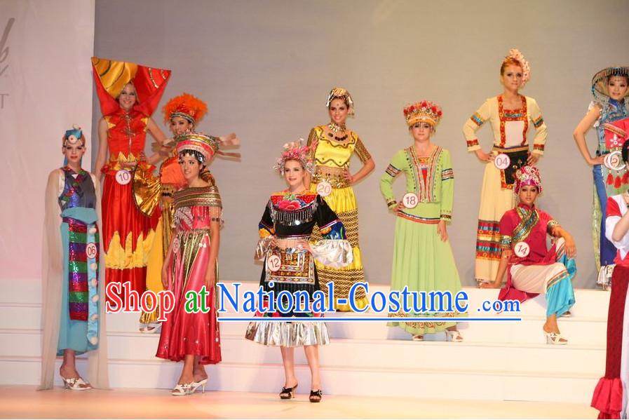 Oriental Clothing Chinese Ethnic Costumes and Headwear Ten Sets