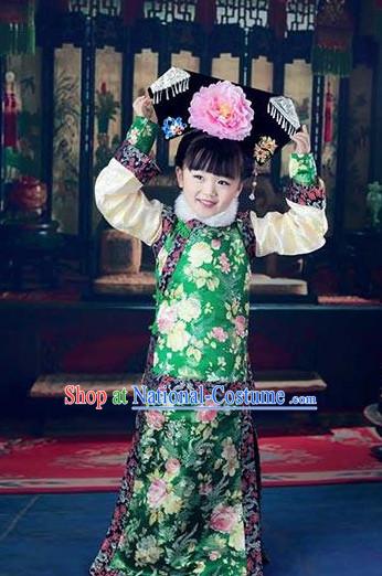 Chinese Qing Dynasty Princess Kids Costumes and Headdress Complete Set