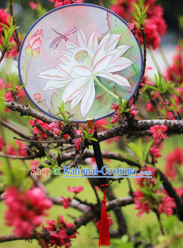 Chinese Traditional Hands Painted Silk Lotus Fan