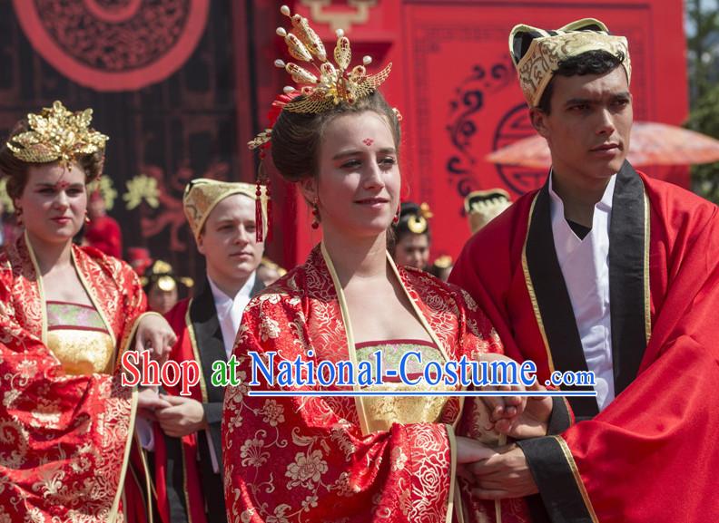 Asian Chinese Red Wedding Custom Made Costumes and Phoenix Headdresses for Women