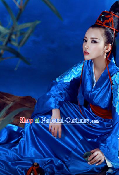 Asian Chinese Traditional Blue Hanfu Clothes for Ladies