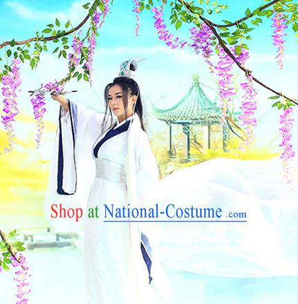 Asian Chinese Traditional White Hanfu Costumes and Coronet Complete Set