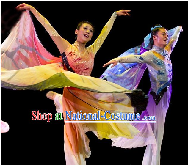 Chinese Stage Performance Butterfly Love Dance Costumes and Headbands 2 Sets