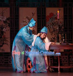 Chinese Traditional Scholar Blue Costumes and Hat