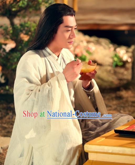 Chinese Ancient Hanfu Clothing and Long Wig Complete Set for Men