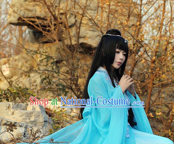 Asia Fashion Ancient China Culture Chinese Traditional Blue Clothing for Women