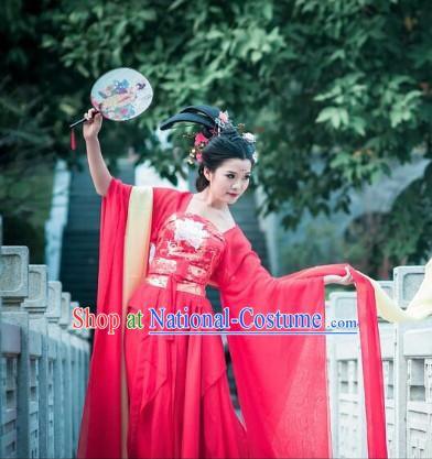 Asia Fashion Ancient China Culture Chinese Red Hanfu Dress and Hair Accessories Complete Set