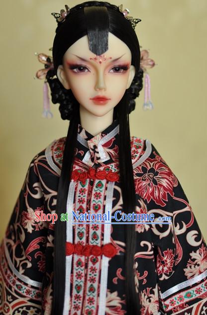 Traditional Chinese Wife Long Black Wig and Hair Accessories Headbands