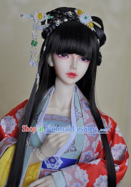 Traditional Chinese Black Long Wig and Hair Accessories Hair Jewelry