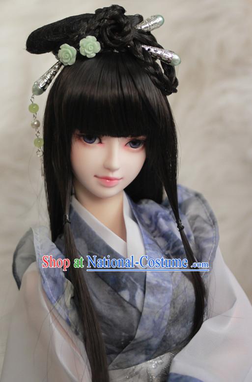 Traditional Chinese Princess Black Long Wig and Hair Jewelry