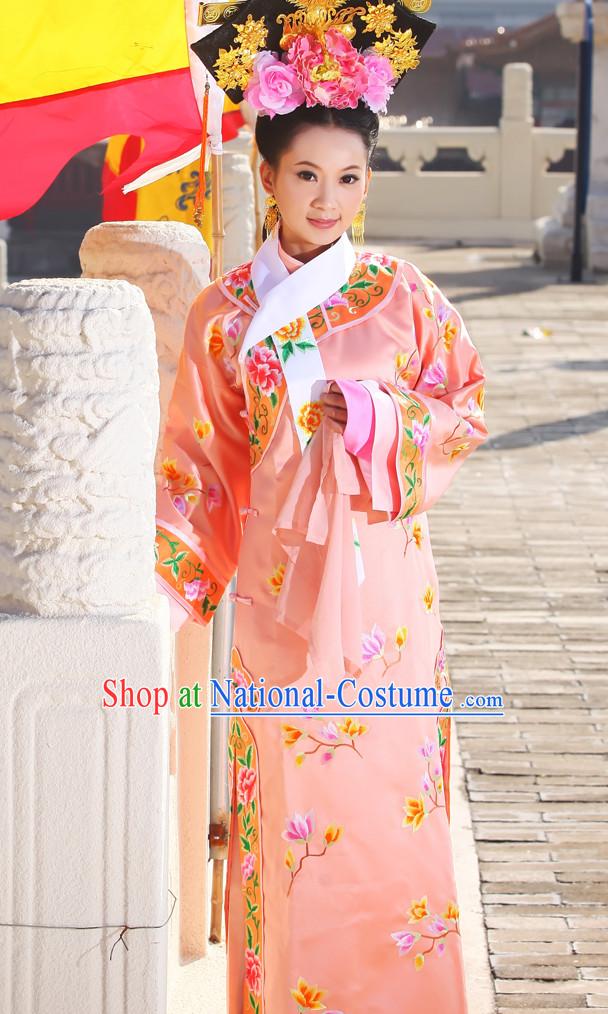 Chinese Manchu Cheongsam Qing Dynasty Princess Clothes and Hair Accessories Complete Set