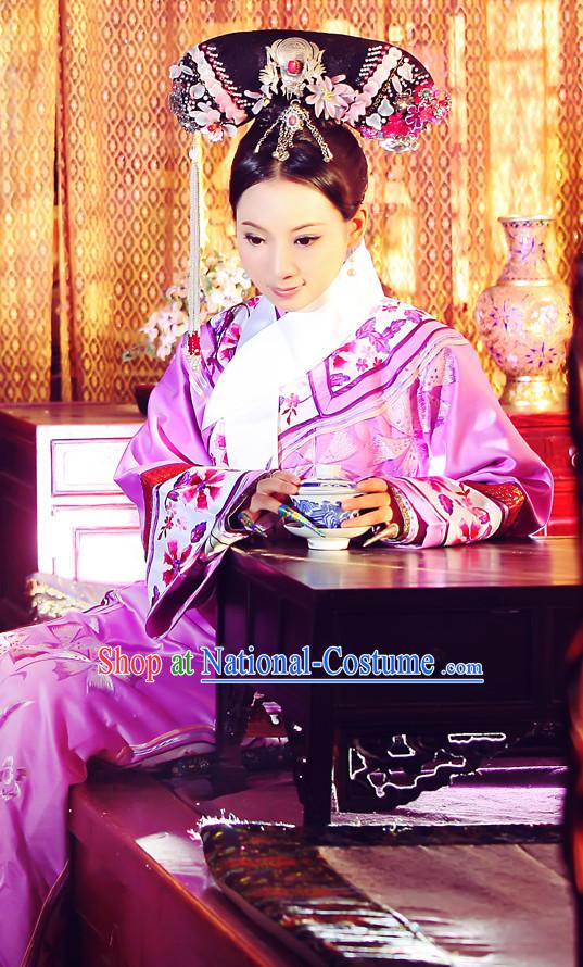 Chinese Imperial Manchu Embroidered Robe and Hair Accessories Complete Set