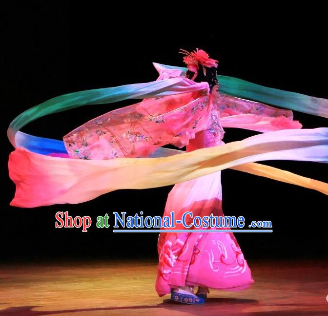 Chinese Classical Ribbon Dance Costumes and Headwear Complete Set