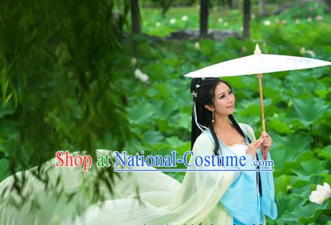 Chinese Traditional Umbrella Dancing Costume and Hair Ornaments Complete Set