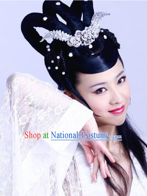 Chinese Traditional Handmade Black Wig and Hair Ornaments