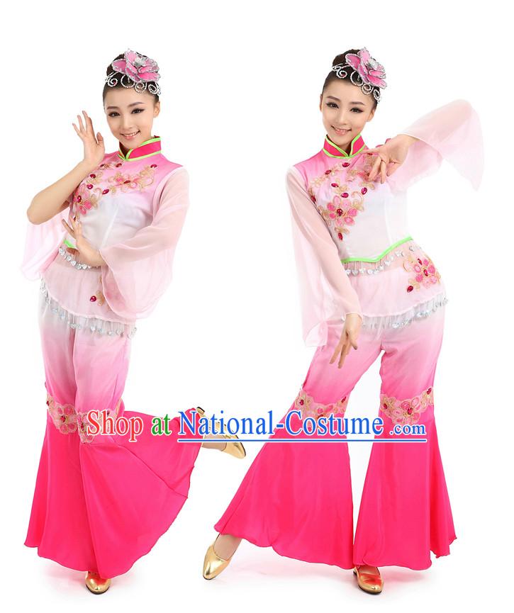 Chinese Traditional Fan Dance Costumes Suppy and Headwear Complete Set