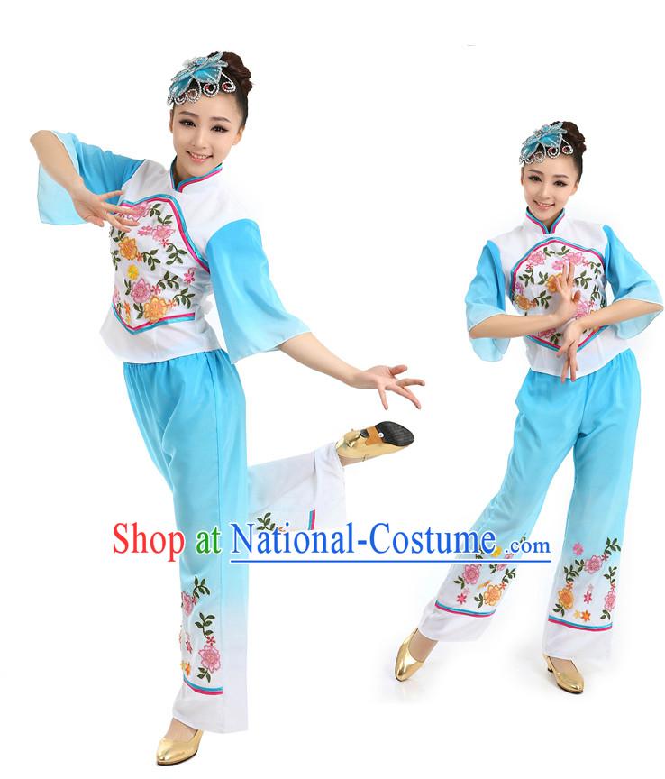 Chinese Traditional Han Fan Dance Costumes Suppy and Headwear Complete Set