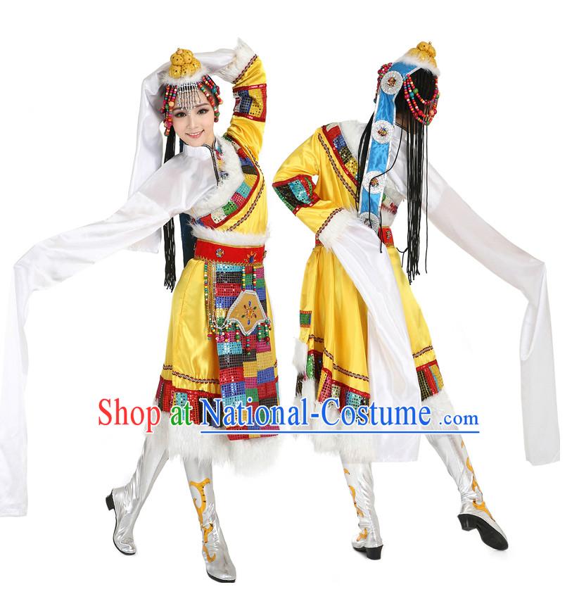 Chinese Traditional Tibetan Dance Costumes Suppy and Headpieces Complete Set