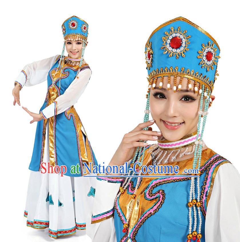 Chinese Mongolia Dance Costumes Apparel Dance Stores Dance Gear Dance Attire and Hair Accessories Complete Set for Women