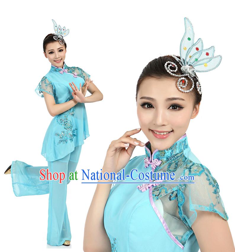 Chinese Fan Dance Costumes Apparel Dance Stores Dance Gear Dance Attire and Hair Accessories Complete Set for Women