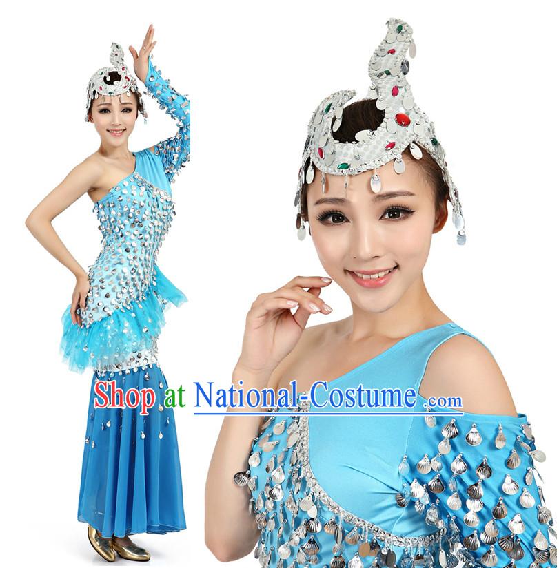 Chinese Dai Zu Ethnic Dance Costumes Apparel Dance Stores Dance Gear Dance Attire and Hair Accessories Complete Set for Women