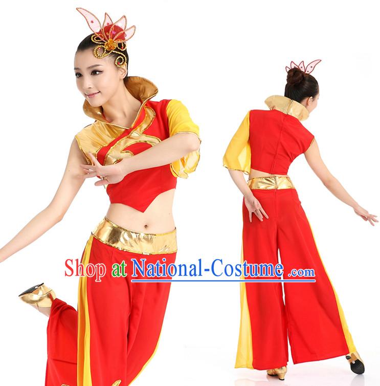 Chinese High Collar Ribbon Dance Costumes Apparel Dance Stores Dance Gear Dance Attire and Hair Accessories Complete Set for Women