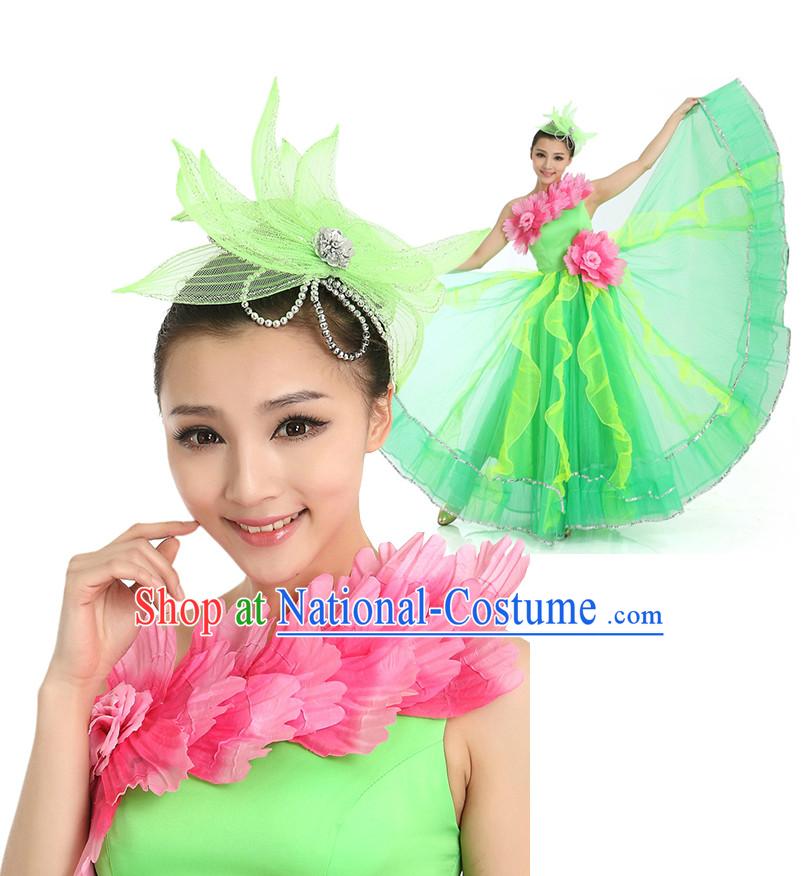 Chinese Flower Dance Costumes Apparel Dance Stores Dance Gear Dance Attire and Hair Accessories Complete Set for Women