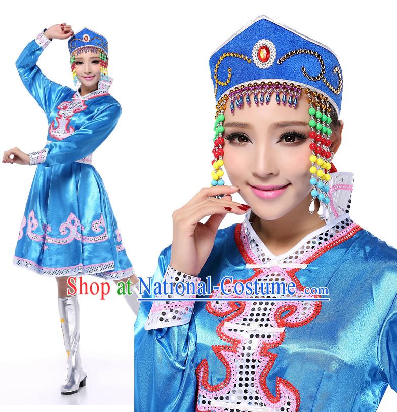 Chinese Meng Gu Dance Costumes Apparel Dance Stores Dance Gear Dance Attire and Hair Accessories Complete Set for Women