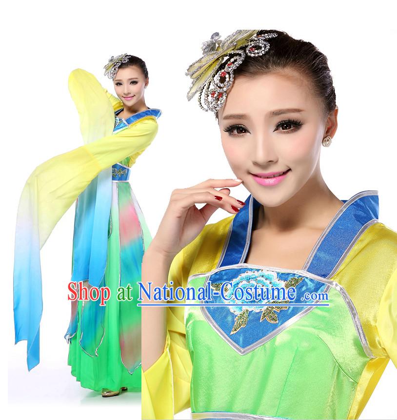 Chinese Traditional Classical Dancing Apparel Dance Attire and Headpiece Complete Set for Women