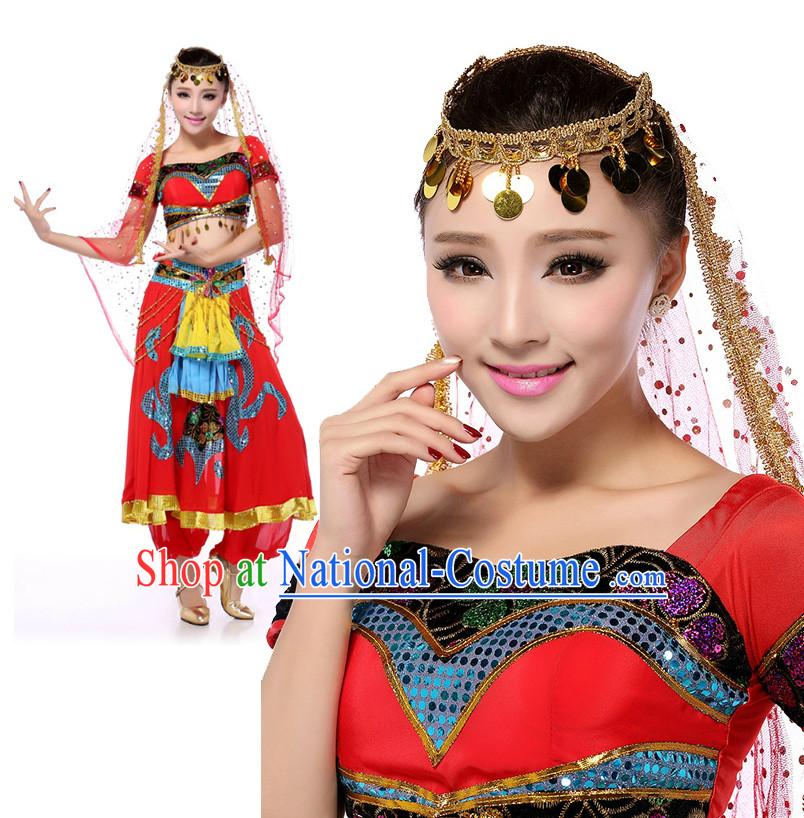 Indian Traditional Classical Peony Dancing Apparel Dance Attire and Headpiece Complete Set for Women