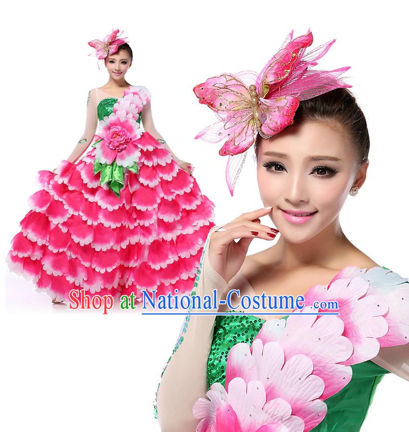 Chinese Traditional Flower Dancing Apparel Dance Attire and Headpiece Complete Set for Women