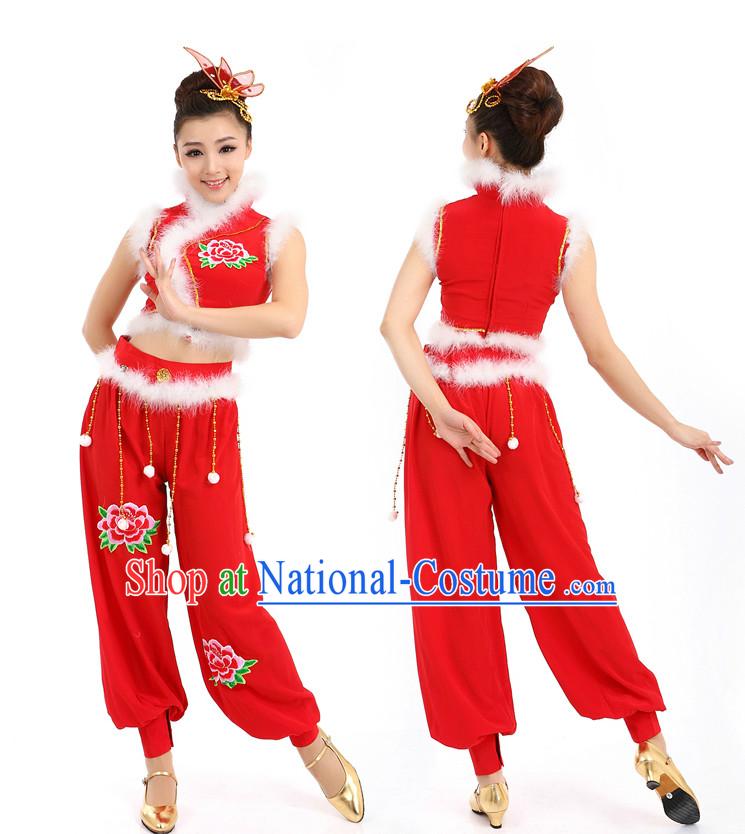 Chinese New Year Dancing Costumes Apparel Dance Stores Dance Gear Dance Attire and Hair Accessories Complete Set for Women